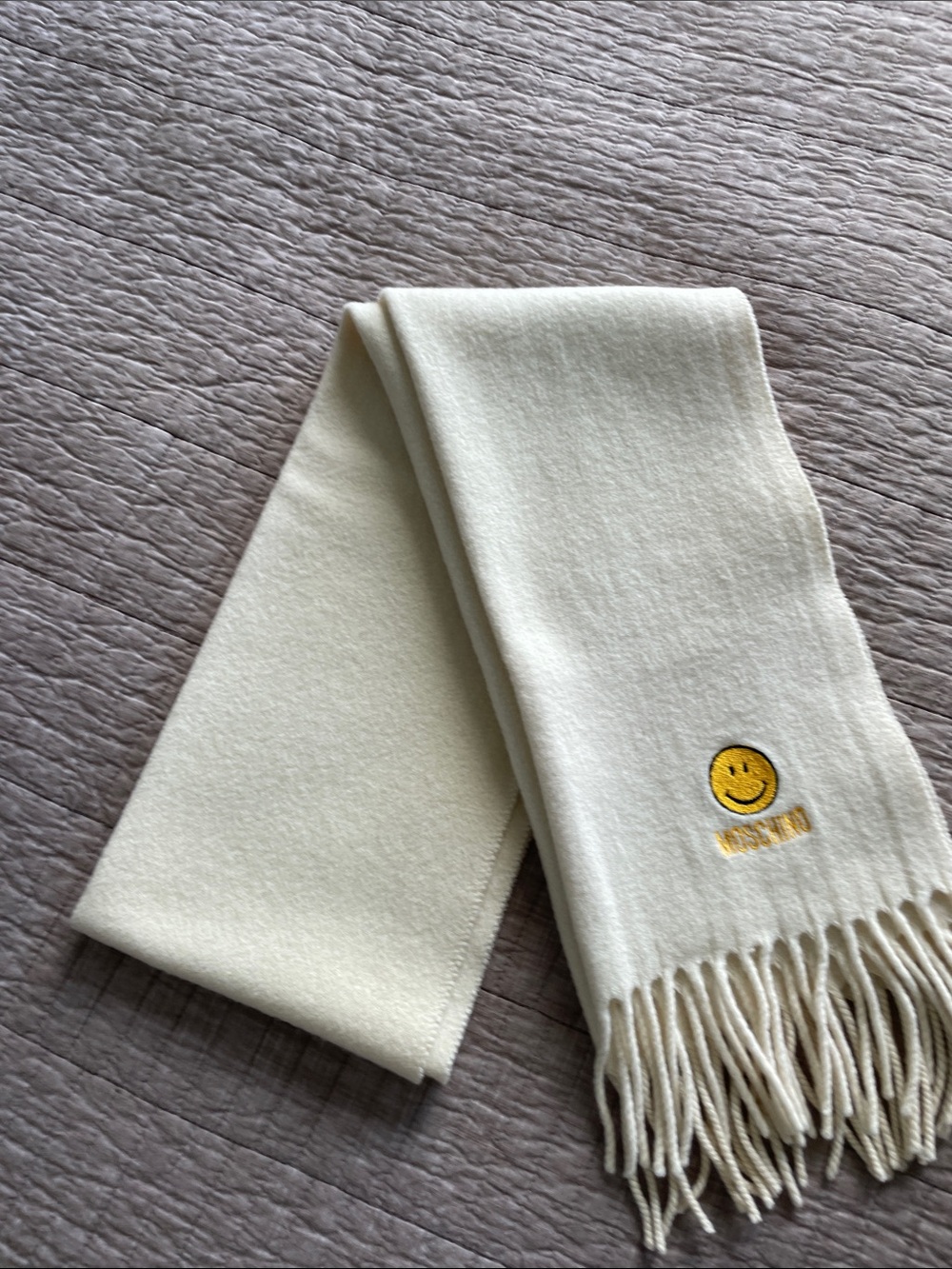 Moschino Cream Scarf with Yellow Smiley Embroidery